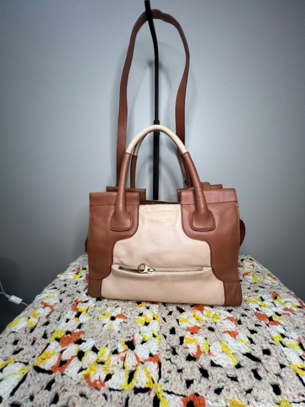 See by Chloé Leather Two Tone Satchel Crossbody Bag Pink Cream Auth COA
